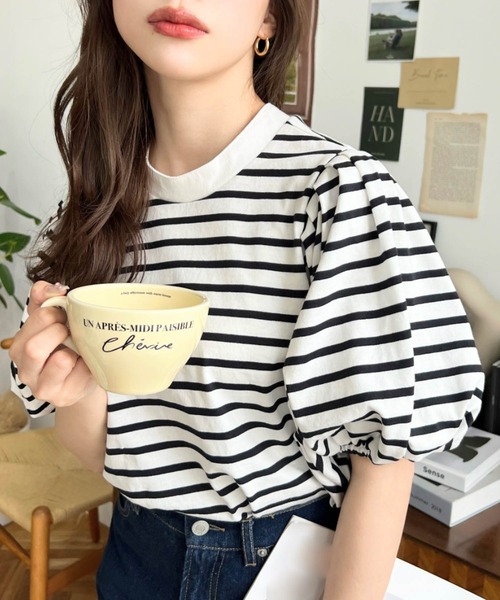 moment+（モーメントプラス）の「【累計販売枚数1万枚突破！】バックリボンパフスリーブ半袖Tシャツ（Tシャツ/カットソー・レディース・杢グレー/ブラック/グレイッシュベージュ/オフホワイト/ベージュ/ブラック系その他/グレー・L/M）」の3枚目の写真