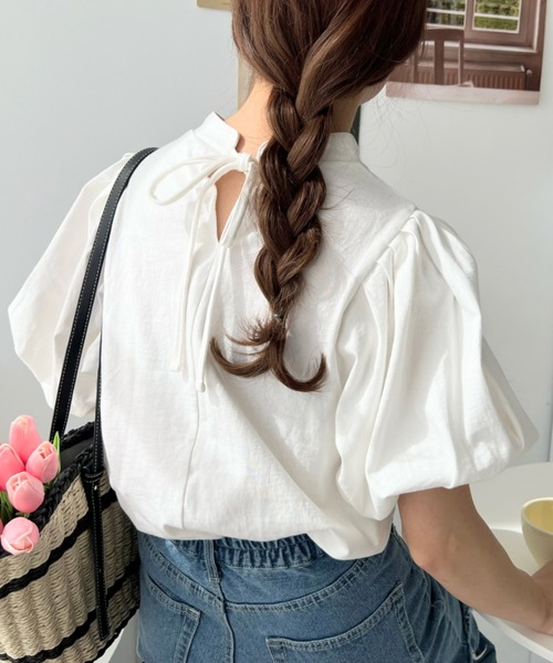 moment+（モーメントプラス）の「【累計販売枚数1万枚突破！】バックリボンパフスリーブ半袖Tシャツ（Tシャツ/カットソー・レディース・杢グレー/ブラック/グレイッシュベージュ/オフホワイト/ベージュ/ブラック系その他/グレー・L/M）」の9枚目の写真