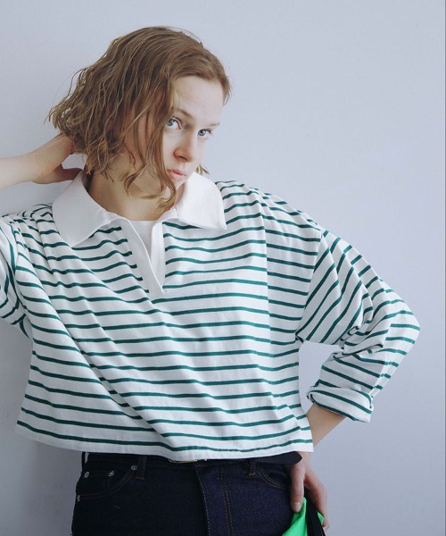 sara&cake（サラアンドケイク）の「クロップドボーダーラガーシャツ（Tシャツ/カットソー・レディース・ブラック/ブルー/グリーン・FREE）」の2枚目の写真