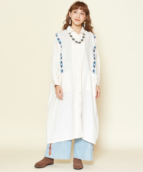 チャイハネ（チャイハネ）の「【チャイハネ】サンダー刺繍シャツワンピース（シャツワンピース・レディース・パープル/ネイビー/ベージュ/ターコイズブルー/グリーン/マスタード・FREE）」の3枚目の写真