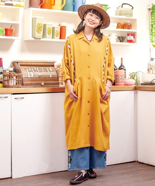 チャイハネ（チャイハネ）の「【チャイハネ】サンダー刺繍シャツワンピース（シャツワンピース・レディース・パープル/ネイビー/ベージュ/ターコイズブルー/グリーン/マスタード・FREE）」の2枚目の写真