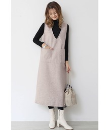 ミディアムワンピース Vネック ワンピース 重ね着 ロングワンピース 冬 秋 シンプル 無地 ポケット付き レディース カジュアル