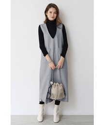 ミディアムワンピース Vネック ワンピース 重ね着 ロングワンピース 冬 秋 シンプル 無地 ポケット付き レディース カジュアル
