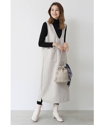 ミディアムワンピース Vネック ワンピース 重ね着 ロングワンピース 冬 秋 シンプル 無地 ポケット付き レディース カジュアル