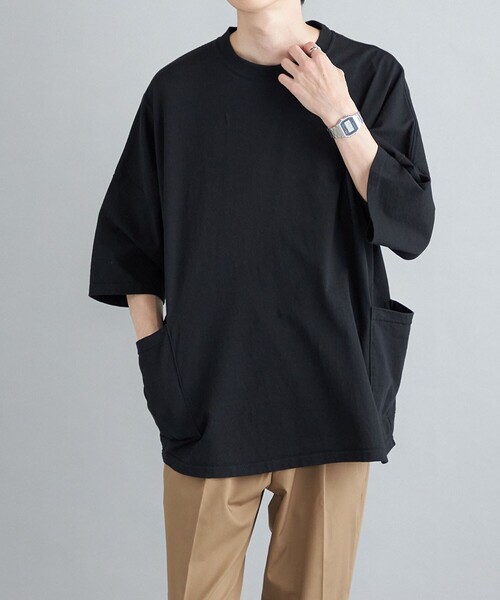 SHIPS any（シップス エニィ）の「SHIPS any: 【ユニセックス】USAコットン ドルマン キャンプポケット ビックシルエット Tシャツ ◇（Tシャツ/カットソー・メンズ・ホワイト/チャコールグレー/ブラック/ネイビー/オリーブ・SMALL/MEDIUM/LARGE）」の2枚目の写真