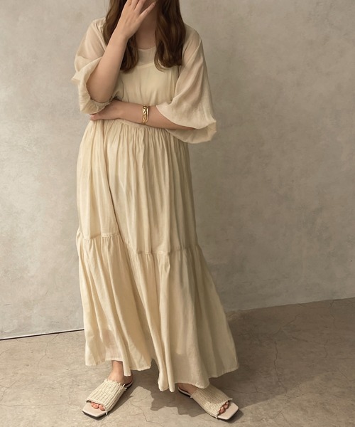 apres jour clair（アプレジュールクレア）の「【apres jour clair】シアーティアードワンピース【ZOZOTOWN限定アイテム】（ワンピース・レディース・ベージュ/アイボリー/ブラウン系その他・X-LARGE/フリー）」の5枚目の写真