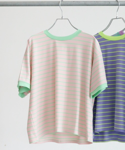 Green Parks(グリーンパークス)の「・novem9 リンガーカラフルボーダーTシャツ(Tシャツ/カットソー・レディース・ピンク/オレンジ/グリーン/ラベンダー・FREE)」の3枚目の写真