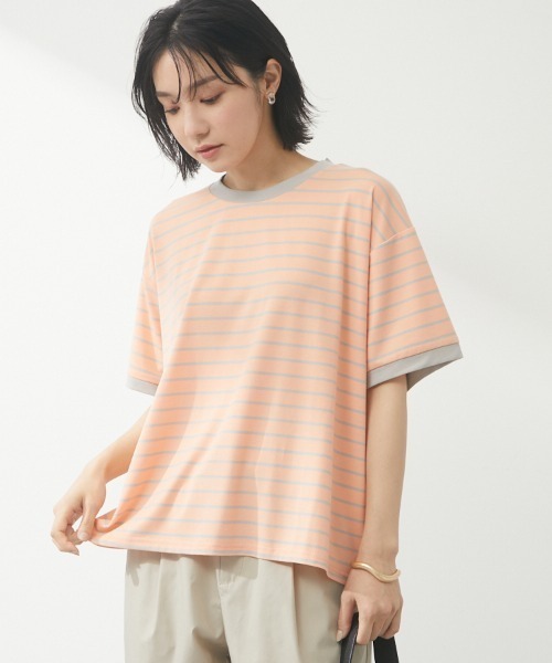 Green Parks(グリーンパークス)の「・novem9 リンガーカラフルボーダーTシャツ(Tシャツ/カットソー・レディース・ピンク/オレンジ/グリーン/ラベンダー・FREE)」の4枚目の写真