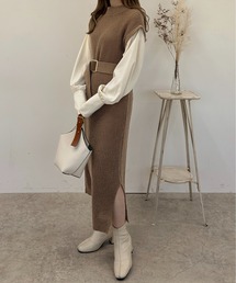 apres jour clair | 【apres jour clair】ベルト付ドッキングワンピース【ZOZOTOWN限定アイテム】(ワンピース)