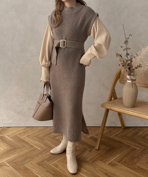 apres jour clair（アプレジュールクレア）の「【apres jour clair】ベルト付ドッキングワンピース【ZOZOTOWN限定アイテム】（ワンピース・レディース・ブラック/アイボリー/ブラウン/グレイッシュベージュ・X-LARGE/フリー）」の4枚目の写真