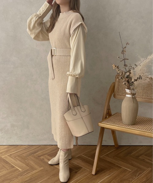 apres jour clair（アプレジュールクレア）の「【apres jour clair】ベルト付ドッキングワンピース【ZOZOTOWN限定アイテム】（ワンピース・レディース・ブラック/アイボリー/ブラウン/グレイッシュベージュ・X-LARGE/フリー）」の5枚目の写真