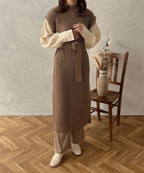 apres jour clair（アプレジュールクレア）の「【apres jour clair】ベルト付ドッキングワンピース【ZOZOTOWN限定アイテム】（ワンピース・レディース・ブラック/アイボリー/ブラウン/グレイッシュベージュ・X-LARGE/フリー）」の20枚目の写真