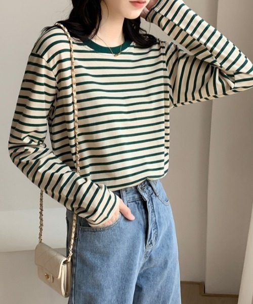 Mela(メラ)の「細ボーダーロンT(Tシャツ/カットソー・レディース・グリーン/ネイビー・L/XL/M)」の2枚目の写真