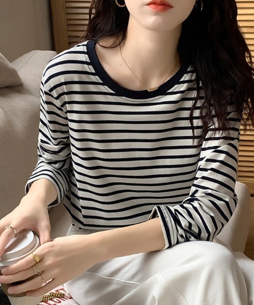 Mela(メラ)の「細ボーダーロンT(Tシャツ/カットソー・レディース・グリーン/ネイビー・L/XL/M)」の4枚目の写真
