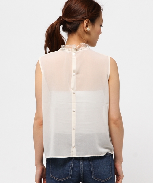 CROON A SONG（クルーンアソング）の「ﾉｰｽﾘｰﾌﾞｼﾌｫﾝﾚｰｽﾌﾞﾗｳｽ（シャツ/ブラウス・レディース・ホワイト/ブラック/ネイビー・38）」の10枚目の写真