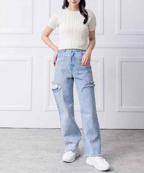 clear(クリア)の「ワンポイント刺繍ケーブル編み半袖ニットトップス(ニット/セーター・レディース・ベージュ/オフホワイト/グレー・F)」の16枚目の写真