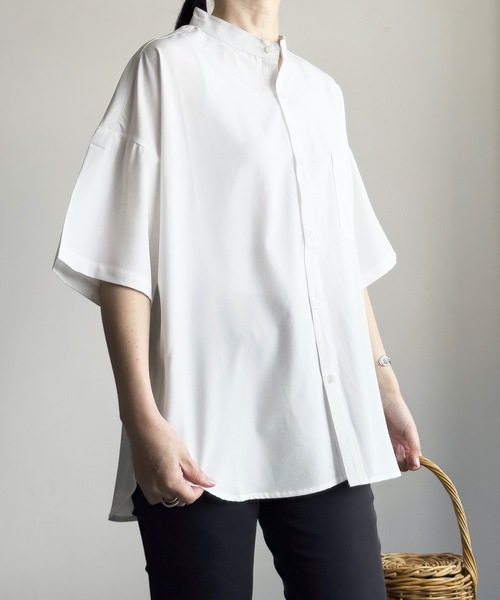 COMMON WARE（コモンウェアー）の「COMMONWARE:PE ルーズフィット バンドカラーシャツ S/S（シャツ/ブラウス・レディース・ホワイト/グリーン/ネイビー/パープル/チャコールグレー/グレイッシュベージュ/サックスブルー/ブラック・L/XL/M）」の12枚目の写真