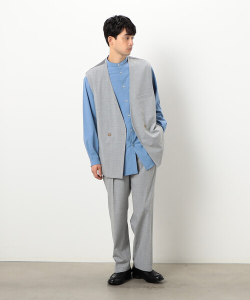 COMME CA ISM（コムサイズム）の「【セットアップ対応】リサイクル かすりチェック トロ オーバーサイズ ジレ（ベスト・メンズ・ネイビー/ライトグレー/グレー・M/L/S）」の5枚目の写真