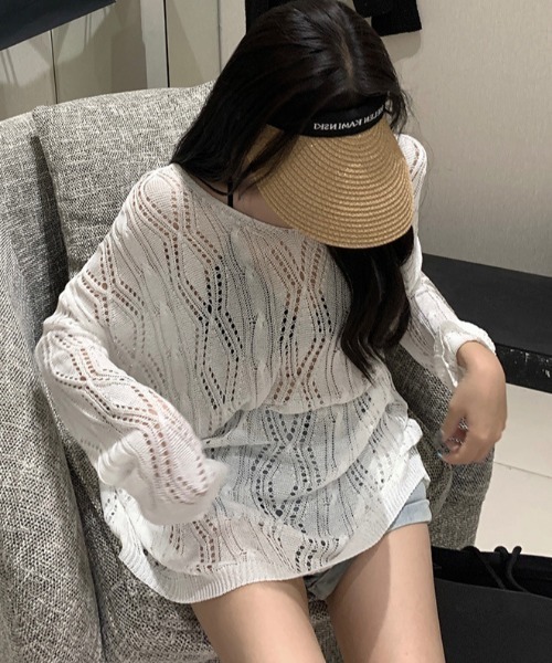 Achic（アシック）の「メッシュ透かし編みVネックニットプルオーバー（ニット/セーター・レディース・ブラック/ホワイト・M）」の15枚目の写真