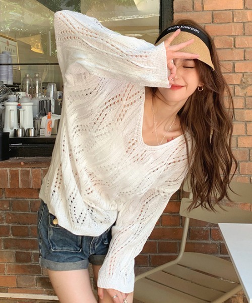 Achic（アシック）の「メッシュ透かし編みVネックニットプルオーバー（ニット/セーター・レディース・ブラック/ホワイト・M）」の18枚目の写真