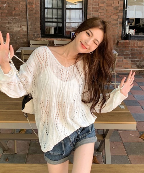 Achic（アシック）の「メッシュ透かし編みVネックニットプルオーバー（ニット/セーター・レディース・ブラック/ホワイト・M）」の19枚目の写真