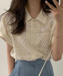 レースポロ襟半袖トップス