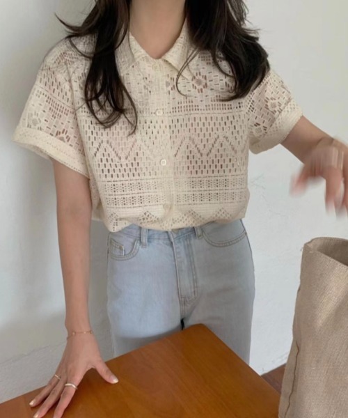 deux amour(ドゥーザムール)の「レースポロ襟半袖トップス(Tシャツ/カットソー・レディース・ブラック/ホワイト・FREE)」の6枚目の写真