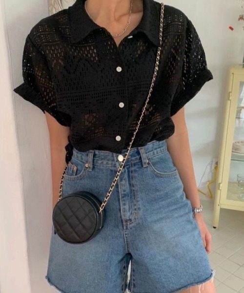 deux amour(ドゥーザムール)の「レースポロ襟半袖トップス(Tシャツ/カットソー・レディース・ブラック/ホワイト・FREE)」の9枚目の写真