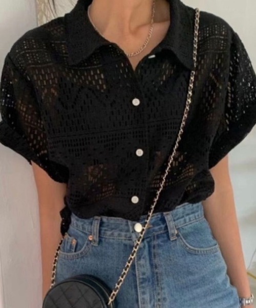 deux amour(ドゥーザムール)の「レースポロ襟半袖トップス(Tシャツ/カットソー・レディース・ブラック/ホワイト・FREE)」の11枚目の写真