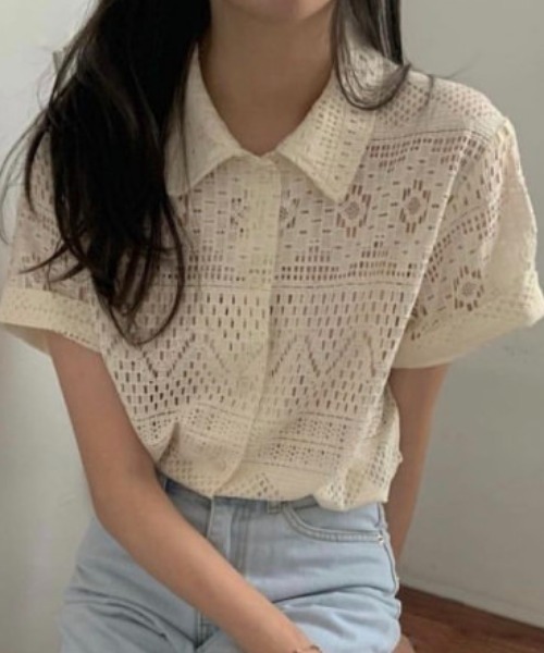 deux amour(ドゥーザムール)の「レースポロ襟半袖トップス(Tシャツ/カットソー・レディース・ブラック/ホワイト・FREE)」の7枚目の写真