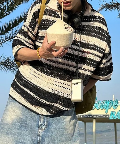 aimoha(アイモハ)の「aimoha menボーダー柄ニット半袖(ニット/セーター・メンズ・レインボー/ブラック・XX-LARGE/X-LARGE/MEDIUM/LARGE)」の2枚目の写真