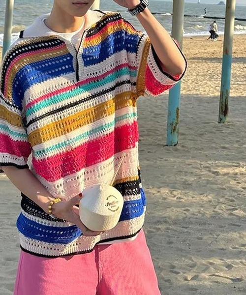 aimoha(アイモハ)の「aimoha menボーダー柄ニット半袖(ニット/セーター・メンズ・レインボー/ブラック・XX-LARGE/X-LARGE/MEDIUM/LARGE)」の22枚目の写真