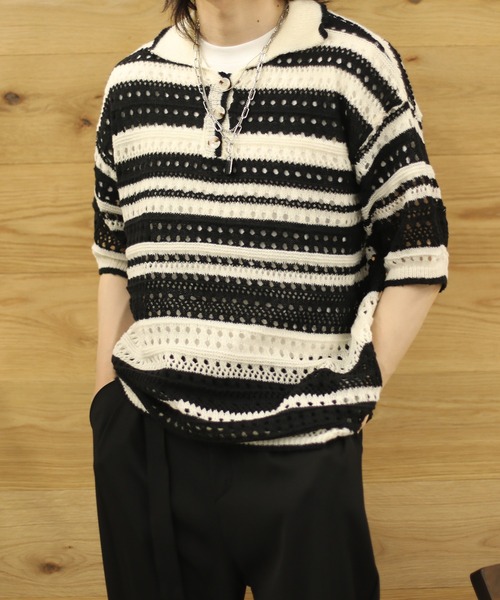 aimoha(アイモハ)の「aimoha menボーダー柄ニット半袖(ニット/セーター・メンズ・レインボー/ブラック・XX-LARGE/X-LARGE/MEDIUM/LARGE)」の16枚目の写真
