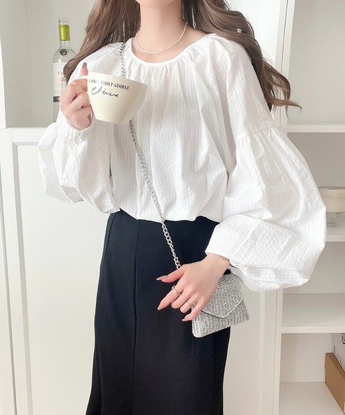 classicalelf（クラシカルエルフ）の「サッカー素材でトレンド感。綿100％前後2wayショート丈リボンカーディガンブラウス（シャツ/ブラウス・レディース・モカ/オフホワイト/ブラック・X-LARGE/SMALL/MEDIUM/LARGE）」の14枚目の写真