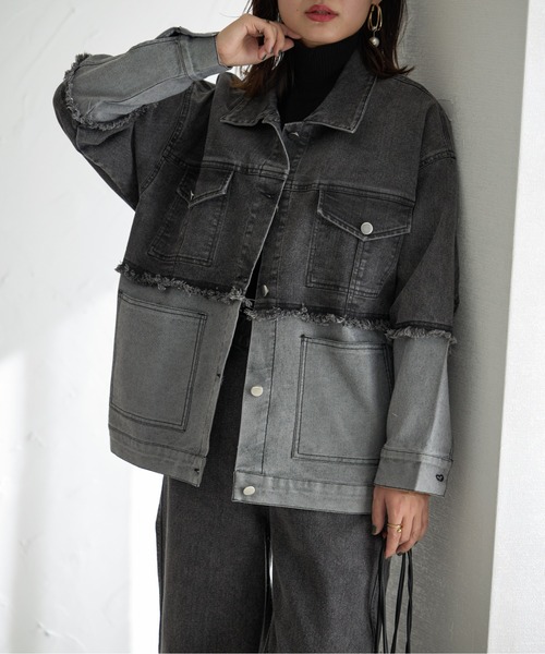 each(イーチ)の「配色スパンデニムジャケット(デニムジャケット・レディース・ブラック・FREE)」の2枚目の写真