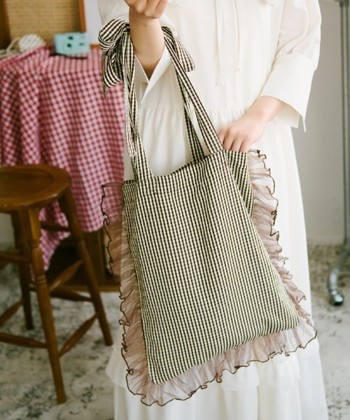 セール】【クティールとレトロ】チュールフリルリボンチェックトート