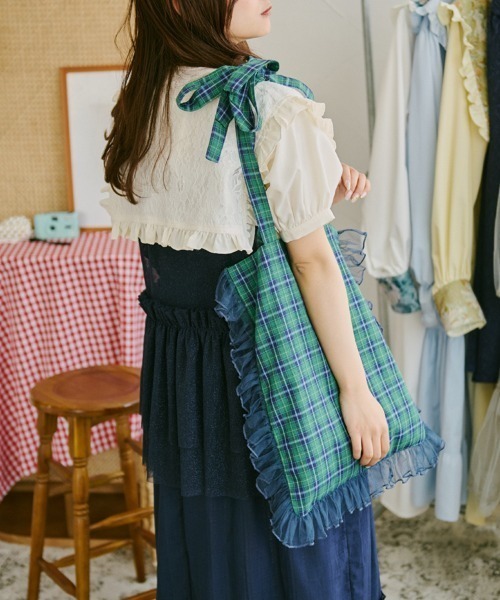 kutir（クティール）の「【クティールとレトロ】チュールフリルリボンチェックトート（トートバッグ・レディース・グリーン/レッド/ブラウン/ライトブルー/ブラック・FREE）」の18枚目の写真