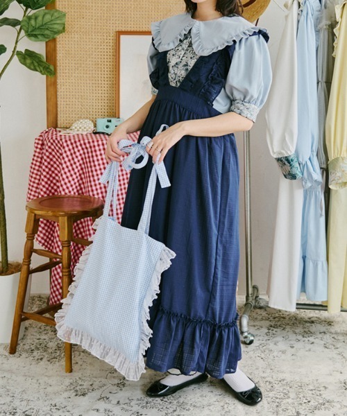 kutir（クティール）の「【クティールとレトロ】チュールフリルリボンチェックトート（トートバッグ・レディース・グリーン/レッド/ブラウン/ライトブルー/ブラック・FREE）」の8枚目の写真