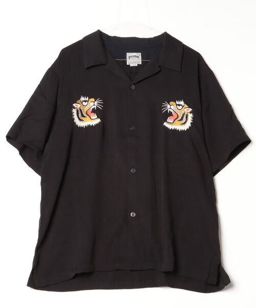 ブラウス シャツ HOUSTON 和柄刺繍 半袖 スーベニアシャツ 龍 (ドラゴン) レディース メンズ HOUSTON ブラウス シャツ 和柄刺繍 半袖 スーベニアシャツ 龍