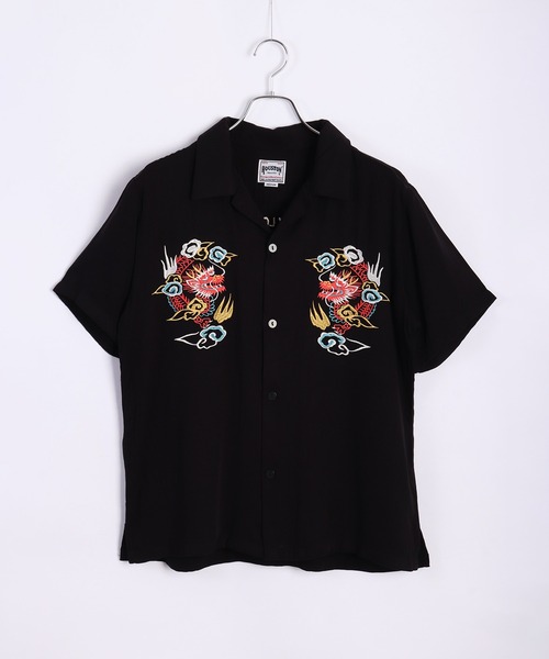 ブラウス シャツ HOUSTON 和柄刺繍 半袖 スーベニアシャツ 龍 (ドラゴン) レディース メンズ HOUSTON ブラウス シャツ 和柄刺繍 半袖 スーベニアシャツ 龍
