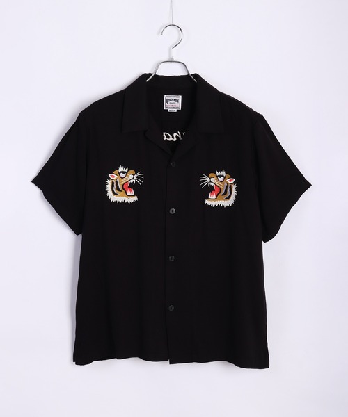 ＜極美品＞ヒューストン スーベニアシャツ パンダ ブラック シャツ HOUSTON ヒューストン スーベニアシャツ 半袖 龍×富士山 虎 和柄
