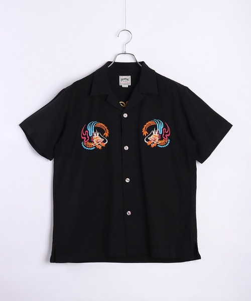 ＜極美品＞ヒューストン スーベニアシャツ パンダ ブラック シャツ HOUSTON ヒューストン スーベニアシャツ 半袖 龍×富士山 虎 和柄