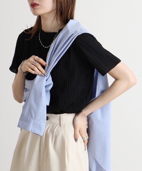 atONE(アットワン)の「atONE リップルストライプ半袖Tシャツ(Tシャツ/カットソー・レディース・グレー系その他/ブラック/チャコール/ブルー/カーキ・M/L)」の7枚目の写真