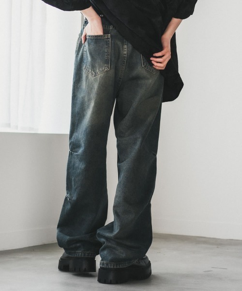 セール】ビンテージウォッシュサイドシュリンクワイドデニムパンツ