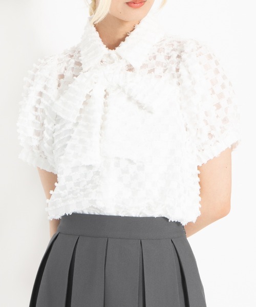 PUNYUS（プニュズ）の「リボン付きシアー半袖ブラウス（シャツ/ブラウス・レディース・ホワイト/ブラック/サックスブルー・1/2/3/4）」の2枚目の写真