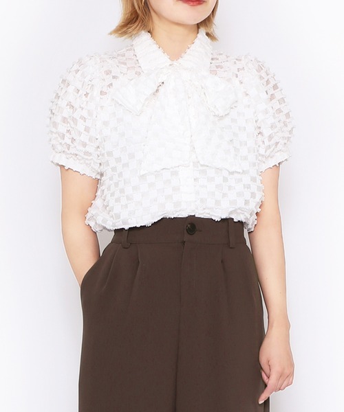 PUNYUS（プニュズ）の「リボン付きシアー半袖ブラウス（シャツ/ブラウス・レディース・ホワイト/ブラック/サックスブルー・1/2/3/4）」の4枚目の写真