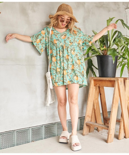 anap mimpi（アナップミンピ）の「パイナップル Vネック 切替 チュニック トップス（チュニック・レディース・ミント/ネイビー・FREE）」の22枚目の写真