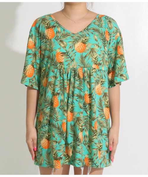 anap mimpi（アナップミンピ）の「パイナップル Vネック 切替 チュニック トップス（チュニック・レディース・ミント/ネイビー・FREE）」の14枚目の写真