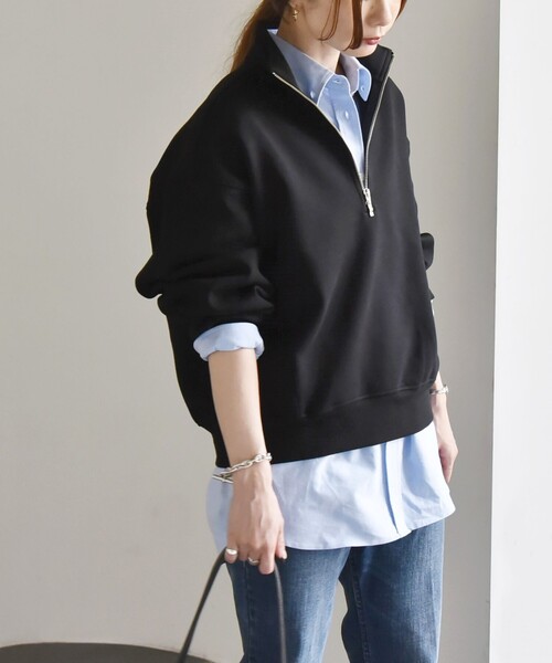 quaranciel(カランシエル)の「quaranciel:〈洗濯機可能〉ポンチ ハーフジップ スタンドカラー スウェット(スウェット・レディース・ブラウン/ブラック/ライトグレー・ONE SIZE)」の11枚目の写真