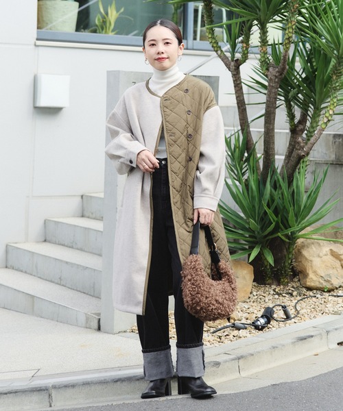 BEAMS HEART（ビームスハート）の「配色 キルティングコート（ノーカラーコート・レディース・ブラック/オリーブ/ブラウン・FREE）」の7枚目の写真